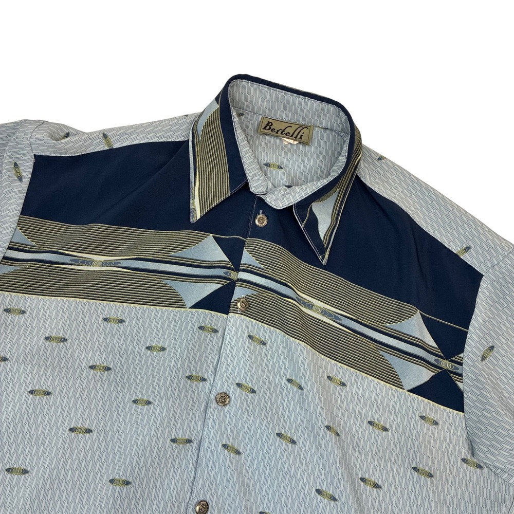 Vtg Bertelli Button Down Mens L Blue Abstract Geometric Short Sleeve Shirt